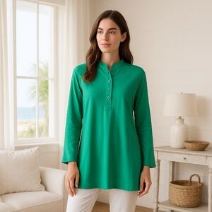 Soft Surroundings Kelly Green Tunic Top Women’s S Button Front Lagenlook